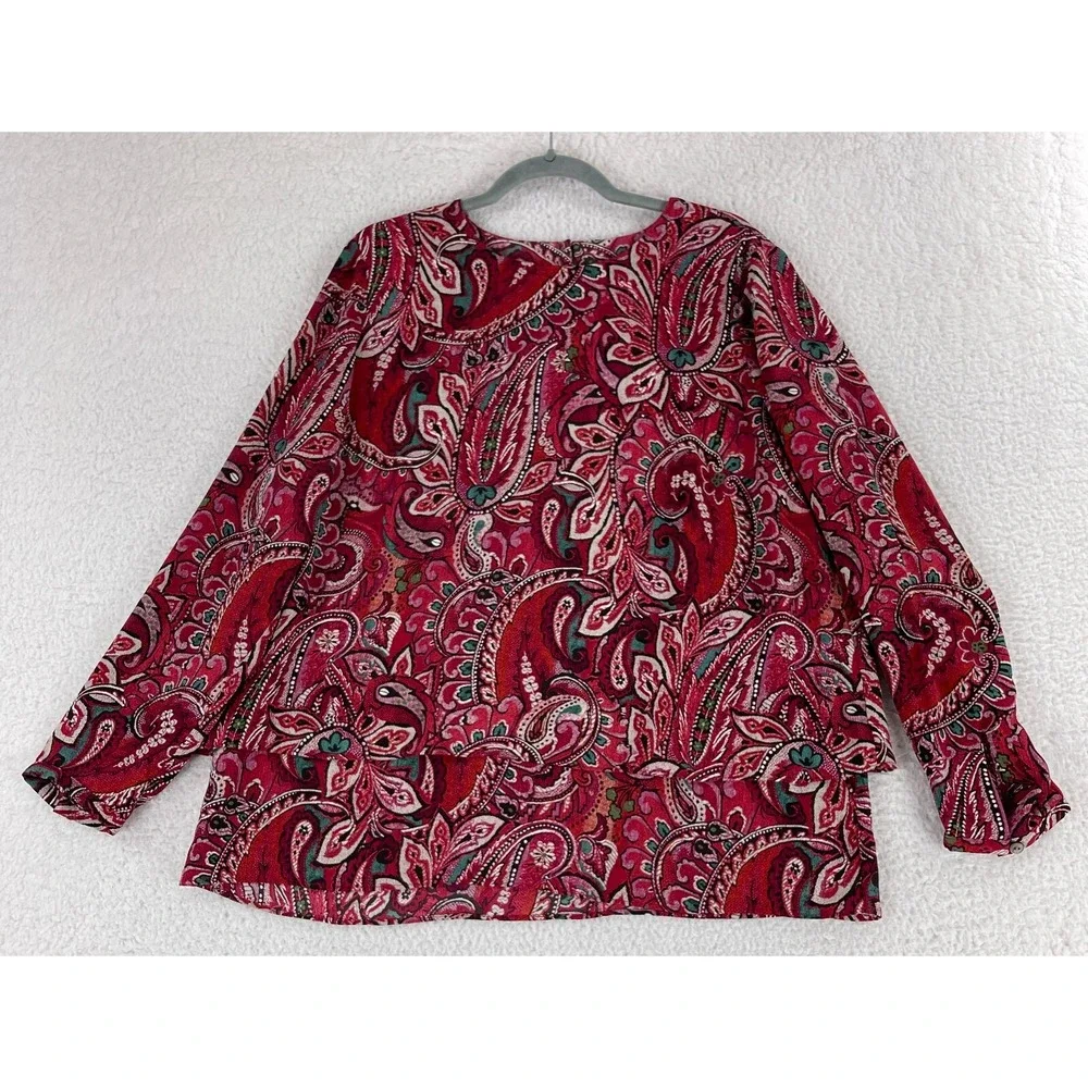 J. Jill Shirt Women Large Red Paisley Print Tiered Long Sleeve Round Neck Casual